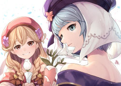 Rule 34 | 2girls, blonde hair, blue eyes, blue hair, bow, braid, brown eyes, faye (fire emblem), fire emblem, fire emblem echoes: shadows of valentia, fire emblem heroes, flower, from behind, grin, hair bow, hat, highres, holding, long hair, looking back, multiple girls, nakabayashi zun, nintendo, parted lips, petals, short hair, silque (fire emblem), simple background, smile, twin braids, upper body, white background