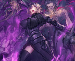Rule 34 | 1boy, 1girl, armor, black thighhighs, breasts, chain, cowboy shot, d:, dragon, fate/grand order, fate (series), faulds, fire, gauntlets, gilles de rais (caster) (fate), grey hair, hand up, headpiece, holding, jeanne d&#039;arc (fate), jeanne d&#039;arc (ruler) (fate), jeanne d&#039;arc alter (avenger) (fate), jeanne d&#039;arc alter (fate), large breasts, legs apart, melon22, open mouth, purple fire, short hair, solo focus, teeth, thighhighs, thighs, v-shaped eyebrows, yellow eyes