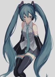 Rule 34 | 1girl, bare shoulders, black skirt, blue eyes, blue necktie, detached sleeves, expressionless, eyelashes, full body, grey background, grey shirt, hatsune miku, headset, highres, long hair, looking away, necktie, p2 (uxjzz), shirt, simple background, skirt, sleeveless, sleeveless shirt, solo, thighhighs, thighs, twintails, very long hair, vocaloid