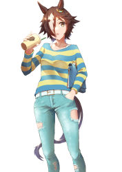 Rule 34 | 1girl, absurdres, animal ears, anzo (anzu elichi0928), belt, blue pants, blue shirt, brown hair, casual, cup, drinking straw, hair over one eye, hand on own hip, highres, holding, holding cup, horse ears, horse girl, horse tail, long sleeves, looking at viewer, milkshake, open mouth, pants, shirt, simple background, solo, striped clothes, striped shirt, tail, torn clothes, torn pants, two-tone shirt, umamusume, vodka (umamusume), white background, yellow eyes, yellow shirt