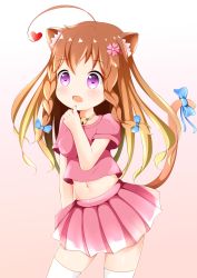 Rule 34 | 1girl, ahoge, animal ears, bad id, bad pixiv id, bell, braid, brown hair, captain lamb, cat ears, cat tail, child, collar, fang, hair ornament, hairclip, hand to own mouth, heart, heart ahoge, highres, jingle bell, long hair, midriff, miniskirt, navel, open mouth, original, pink background, pink shirt, pink skirt, purple eyes, ribbon, shirt, simple background, skirt, solo, tail, tail ornament, tail ribbon, thighhighs, twin braids, white thighhighs