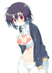 Rule 34 | 10s, 1girl, bandages, black hair, blazer, breasts, commentary request, hair between eyes, hair ornament, jacket, kanibasami, large areolae, looking at viewer, medium breasts, mizuno ai, nipples, red eyes, short hair, solo, sweat, white background, zombie land saga