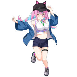 Rule 34 | 1girl, absurdres, arm up, black shorts, blue hair, blue jacket, braid, breasts, commentary request, crop top, eyewear hang, unworn eyewear, felutiahime, hat, highres, hololive, jacket, leg up, long hair, looking at viewer, medium breasts, midriff, minato aqua, multicolored hair, navel, open clothes, open jacket, outstretched arm, peaked cap, pink eyes, pink hair, shirt, short shorts, shorts, sidelocks, simple background, solo, sunglasses, thigh strap, thighs, twin braids, two-tone hair, virtual youtuber, white background, white shirt