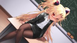 Rule 34 | 1girl, akatsuki uni, bettle (b s a n), black jacket, black skirt, blonde hair, blush, brown pantyhose, chalkboard, classroom, closed mouth, collared shirt, dutch angle, flat chest, formal, hair ornament, hairclip, highres, jacket, long hair, looking at viewer, pantyhose, parted bangs, pencil skirt, petite, red-framed eyewear, red eyes, semi-rimless eyewear, shirt, sitting, skirt, skirt suit, smile, solo, suit, two side up, uni create, very long hair, virtual youtuber, white shirt