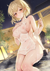 Rule 34 | 1girl, bath, bathing, blonde hair, blurry, blush, braid, breasts, collarbone, covered erect nipples, covered navel, covering privates, depth of field, dutch angle, french braid, gomashio ponz, hand on own chest, highres, holding, holding towel, impossible towel, large breasts, looking at viewer, naked towel, night, nipples, nude cover, onsen, orange eyes, original, outdoors, paid reward available, parted lips, partially submerged, see-through, short hair, side braid, sideboob, signature, sitting, solo, steam, towel, water, wet, wet towel, white towel, yellow eyes