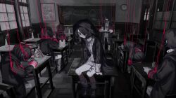 Rule 34 | 0211 (hen10), androgynous, arm support, black hair, black nails, chair, chalkboard, classroom, clock, clone, corset piercing, cup, curry, dark, desk, drawing (object), drinking glass, empty eyes, flower, food, grey eyes, hair over one eye, hair ribbon, hen10, highres, hood, hood down, hood up, hoodie, house of cards, indoors, leg warmers, long sleeves, looking down, memorial on desk, miniskirt, mole, mole under mouth, monochrome, on desk, original, picture frame, pill, pill bottle, pleated skirt, red flower, red theme, ribbon, rubik&#039;s cube, school chair, school desk, shoes, short hair, sitting, on desk, skirt, sneakers, spot color, string, string around neck, stuffed animal, stuffed rabbit, stuffed toy, sweater, tray, vase, window, wooden floor