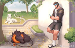 Rule 34 | 1boy, against wall, alternate costume, animal, artist name, bara, beard, black fur, black shorts, brown eyes, brown hair, brucie (infighter821), bulge, bush, cellphone, collar, commission, cross, cross necklace, day, dungeon and fighter, facial hair, foot against wall, grass, headband, highres, hood, hooded jacket, jacket, jewelry, kemonomimi mode, kulolin, lying, male focus, male priest (dungeon and fighter), manly, mature male, muscular, muscular male, necklace, on stomach, original, outdoors, park, petals, phone, plant, sandals, second-party source, shadow, shirt, short hair, shorts, signature, sleeping, smartphone, socks, spiked hair, t-shirt, thick eyebrows, thick thighs, thighs, tiger, tight clothes, tree, vines, wall, white fur, white socks, white tiger