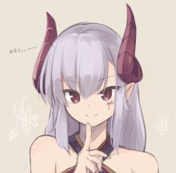 Rule 34 | 1girl, bare shoulders, borrowed character, commentary, criss-cross halter, dragon girl, dragon horns, facial mark, finger to own chin, grey background, hair between eyes, halterneck, horns, index finger raised, long hair, looking at viewer, melusine (ibuki notsu), natsuki teru, original, pointy ears, portrait, red eyes, sidelocks, silver hair, simple background, slit pupils, smile, solo, translation request, tsurime