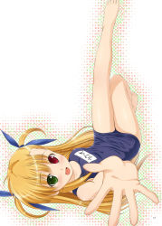 Rule 34 | 00s, 1girl, :d, barefoot, blonde hair, feet, halftone, halftone background, heterochromia, leg up, lying, lyrical nanoha, mahou shoujo lyrical nanoha, mahou shoujo lyrical nanoha strikers, mikuni mizuki, name tag, on back, one-piece swimsuit, open mouth, outstretched hand, school swimsuit, smile, solo, swimsuit, upside-down, vivio