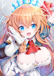 Rule 34 | 1girl, :d, absurdres, ahoge, arm up, blue eyes, blush, braid, breasts, cleavage, gloves, hair between eyes, hand up, highres, huge breasts, long hair, looking at viewer, open mouth, orange hair, pecorine (princess connect!), princess connect!, puffy short sleeves, puffy sleeves, short sleeves, smile, solo, takemura kou, tiara, very long hair, white gloves
