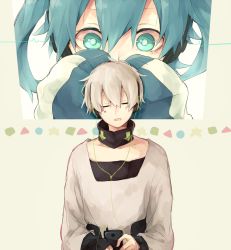 Rule 34 | 1boy, 1girl, asuna (doruru-mon), bad id, bad pixiv id, cable, covered mouth, covering own mouth, detached collar, ene (kagerou project), green eyes, green hair, hair between eyes, headphones, jacket, kagerou project, konoha (kagerou project), listening to music, long hair, messy hair, portrait, red eyes, silver hair, sitting, striped clothes, striped jacket, twintails, vocaloid, yamaha