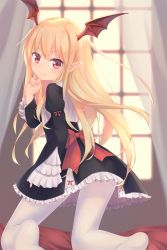 Rule 34 | 10s, 1girl, bed sheet, black dress, blonde hair, breasts, dress, frilled sleeves, frills, from behind, granblue fantasy, hair between eyes, head wings, highres, indoors, lips, long hair, long sleeves, looking at viewer, pantyhose, pointy ears, puffy long sleeves, puffy sleeves, red eyes, senifu, shingeki no bahamut, small breasts, solo, vampy, white pantyhose, window, wings
