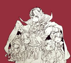 Rule 34 | 2boys, 3girls, :&gt;, brother and sister, brothers, camilla (fire emblem), cape, circlet, corrin (female) (fire emblem), corrin (fire emblem), drill hair, elise (fire emblem), family, fire emblem, fire emblem fates, hair over one eye, hair ribbon, hairband, hotate rayan, leo (fire emblem), looking down, monochrome, multiple boys, multiple girls, nintendo, peeking out, pointy ears, ribbon, siblings, simple background, sisters, smile, twin drills, wavy hair, xander (fire emblem)