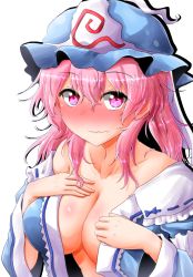 Rule 34 | 1girl, bare shoulders, blue dress, blue hat, blush, breasts, commentary request, dress, hair between eyes, hands on own chest, hat, highres, large breasts, long hair, looking at viewer, mob cap, nose blush, off shoulder, open clothes, open dress, oshiaki, pink eyes, pink hair, saigyouji yuyuko, sidelocks, silhouette, simple background, solo, touhou, triangular headpiece, veil, wavy mouth, white background