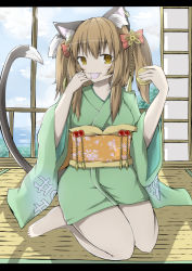 Rule 34 | 1girl, :p, alternate costume, alternate eye color, alternate hairstyle, animal ears, blue sky, brown hair, cat ears, cat tail, chen, cloud, day, earrings, finger to tongue, food, green kimono, indoors, japanese clothes, jewelry, kimono, kitoboshi, letterboxed, looking at viewer, multiple tails, obi, sash, seiza, shadow, short hair, single earring, sitting, sky, sliding doors, solo, tail, tatami, tongue, tongue out, touhou, two side up, veranda, yellow eyes, yukata