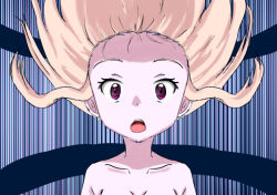 1girl :o arms_at_sides blonde_hair breasts collarbone completely_nude convenient_censoring digimon digimon_frontier energy female_focus floating_hair forehead neck nude open_mouth orimoto_izumi out-of-frame_censoring purple_eyes sidelocks small_breasts solo spirit_evolution surprised topless_frame transformation upper_body