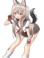 Rule 34 | 1girl, :d, animal ears, arm support, azur lane, bent over, braid, breasts, claw pose, cleavage, collarbone, commentary request, fang, fingerless gloves, gloves, grey hair, hair between eyes, highres, kneehighs, long hair, looking at viewer, marimo daifuku, medium breasts, nail polish, open mouth, orange eyes, paw print, pleated skirt, school uniform, serafuku, short sleeves, sidelocks, simple background, single braid, skirt, smile, socks, solo, tail, thick eyebrows, two side up, white background, wolf ears, wolf tail, yuudachi (azur lane)