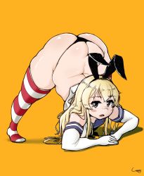 Rule 34 | 1girl, animal ears, ass, black panties, blonde hair, blush, butt crack, elbow gloves, full body, gloves, hair between eyes, hairband, hands on ground, highres, jack-o&#039; challenge, kantai collection, long hair, looking at viewer, looking to the side, meme, no shoes, open mouth, orange background, panties, rabbit ears, sailor collar, shadow, shigekikkusu, shimakaze (kancolle), signature, simple background, skindentation, solo, spread legs, striped clothes, striped thighhighs, thick thighs, thighhighs, thighs, top-down bottom-up, underwear, white gloves