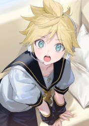 Rule 34 | aqua eyes, black collar, black shorts, black sleeves, blonde hair, blue eyes, collar, couch, detached sleeves, kagamine len, looking at viewer, looking up, male focus, naoko (naonocoto), necktie, open mouth, own hands together, pillow, sailor collar, shirt, short hair, short sleeves, shorts, sitting, sleeves past wrists, vocaloid, white headphones, white shirt, yellow nails, yellow necktie