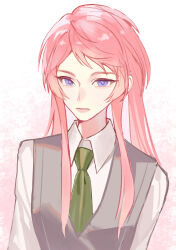 Rule 34 | 1girl, absurdres, bang dream!, bang dream! it&#039;s mygo!!!!!, chihaya anon, closed mouth, collared shirt, commentary request, formal, gradient background, green necktie, grey vest, highres, long hair, necktie, pink background, pink hair, purple eyes, shirt, solo, upper body, vest, white background, white shirt, zhao yifei