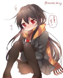 Rule 34 | 10s, 1girl, bad id, bad twitter id, black hair, black pantyhose, blazer, blush, hatsushimo (kancolle), hugging own legs, jacket, kantai collection, long hair, long sleeves, messy hair, ougi hina, pantyhose, pleated skirt, red eyes, scarf, school uniform, serafuku, simple background, sitting, skirt, solo, striped clothes, striped scarf, text focus, translation request, twitter username, white background