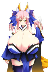 Rule 34 | 10s, 1girl, akira agata, animal ears, areola slip, blue legwear, breasts, cleavage, fate/extra, fate (series), gigantic breasts, highres, pink hair, skindentation, solo, tamamo (fate), tamamo no mae (fate/extra), twintails, yellow eyes