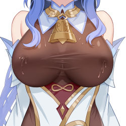 Rule 34 | absurdres, bare shoulders, bell, blue hair, breast focus, breasts, covered erect nipples, daidai (318706698), detached sleeves, ganyu (genshin impact), genshin impact, gold trim, head out of frame, highres, lactation, lactation through clothes, large breasts, neck bell, sidelocks, solo, white background, white sleeves