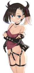 Rule 34 | 1girl, absurdres, aqua eyes, asymmetrical bangs, asymmetrical hair, black choker, black hair, black jacket, blush, bottomless, breasts, choker, closed mouth, collarbone, cowboy shot, creatures (company), dress, game freak, hair ribbon, highres, jacket, jewelry, looking to the side, marnie (pokemon), medium breasts, nintendo, off shoulder, open clothes, pink dress, pokemon, pokemon swsh, red ribbon, ribbon, simple background, solo, standing, strap, strap slip, topu, twintails, underwear, undressing, white background