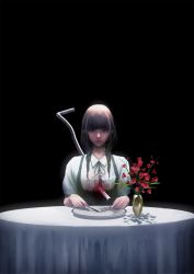 Rule 34 | 1girl, bad id, bad pixiv id, black background, blood, blood from mouth, blunt bangs, brown hair, closed mouth, dress, empty plate, flower, fork, green dress, green skirt, highres, holding, holding fork, holding knife, horror (theme), impaled, knife, looking at viewer, original, plant, plate, pot, potted plant, puffy short sleeves, puffy sleeves, red flower, shirt, short sleeves, simple background, skirt, solo, table, wataboku, white shirt