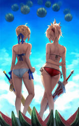 2girls artoria_pendragon_(fate) artoria_pendragon_(swimsuit_archer)_(fate) artoria_pendragon_(swimsuit_archer)_(first_ascension)_(fate) ass back bare_shoulders bikini blonde_hair blue_sky braid breasts clarent_(fate) commentary excalibur_(fate/stay_night) fate/grand_order fate_(series) feet_out_of_frame food from_behind fruit hair_bun hair_ribbon halterneck highres long_hair mordred_(fate) mordred_(fate)_(all) mordred_(swimsuit_rider)_(fate) mordred_(swimsuit_rider)_(first_ascension)_(fate) mother_and_daughter multiple_girls outdoors ponytail projectile red_bikini ribbon side-tie_bikini_bottom sidelocks sky small_breasts string_bikini suikawari swimsuit sword thighs tonee watermelon watermelon_slice weapon white_bikini