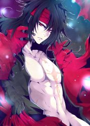 Rule 34 | 1boy, awom, black hair, cloak, final fantasy, final fantasy vii, frown, gloves, headband, highres, long hair, looking at viewer, male focus, no pants, pale skin, red cloak, red eyes, scar, topless male, strap, torn clothes, vincent valentine