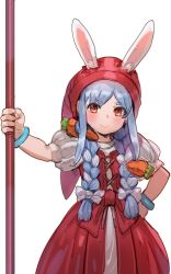 1girl, animal ears, blue hair, blush, bow, bow (bhp), braid, bunny ears, closed mouth, cosplay, dragon quest, dragon quest xi, dress, ears through headwear, hair bow, hand on hip, head scarf, highres, holding, holding staff, hololive, looking at viewer, multicolored hair, orange eyes, puffy short sleeves, puffy sleeves, red dress, short sleeves, simple background, smile, solo, staff, twin braids, two-tone hair, usada pekora, veronica (dq11), veronica (dq11) (cosplay), white background, white bow, white hair, wristband
