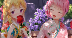 Rule 34 | 2girls, :d, ^ ^, bad id, bad pixiv id, bang dream!, bench, blonde hair, blush, bow, candy apple, closed eyes, covered mouth, day, floral print, flower, food, furisode, hair bow, hair flower, hair ornament, holding, holding food, japanese clothes, kimono, long hair, lunacle, maruyama aya, multiple girls, open mouth, outdoors, park bench, pink flower, pink hair, pink kimono, print kimono, purple eyes, purple flower, red bow, shirasagi chisato, smile, white flower, white kimono