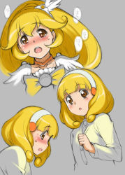 Rule 34 | 10s, 1girl, :o, blonde hair, blush, bow, brown eyes, cardigan, character sheet, cure peace, grey background, hair flaps, hairband, kise yayoi, multiple views, open mouth, precure, school uniform, seki suzume, sketch, smile precure!, sweat, white hairband, yellow bow
