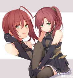 Rule 34 | 1girl, ahoge, black gloves, brown thighhighs, closed mouth, commentary request, commission, dress, earrings, elbow gloves, fuji kakei, gloves, green eyes, hair between eyes, highres, jewelry, knee up, looking at viewer, medium hair, multiple views, open mouth, original, ponytail, red hair, ring, sitting, skeb commission, sleeveless, thighhighs, twitter username