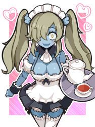 1girl ascot black_wrist_cuffs blue_skin breasts cleavage colored_skin cup detached_collar disgaea eyelashes hair_over_one_eye heart highres holding holding_tray large_breasts light_brown_hair long_hair looking_at_viewer maid maid_(disgaea) maid_headdress makai_senki_disgaea_5 open_mouth outline pointy_ears shiny_skin simple_background skirt smile solo standing stitches suaman teacup teapot thighhighs tray twintails white_ascot white_outline white_thighhighs wide-eyed wrist_cuffs yellow_eyes zombie