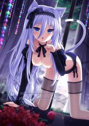 Rule 34 | 1girl, all fours, animal ears, bad id, bad pixiv id, blue eyes, breasts, cat ears, cat tail, curtains, detached sleeves, fishnet thighhighs, fishnets, flower, hair ribbon, hairband, indoors, jewelry, lace, lace-trimmed panties, lace trim, long hair, looking at viewer, nami (nyaa), neck ribbon, nipples, no bra, open mouth, original, panties, paw pose, purple hair, rain, reflection, ribbon, ring, solo, tail, thighhighs, tsurime, underwear, very long hair, watermark, window, yarn, yarn ball