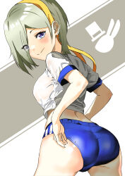 Rule 34 | 1girl, absurdres, ass, blue eyes, breasts, buruma, character request, from behind, green hair, hair over one eye, highres, huge ass, large breasts, legs, looking at viewer, looking back, see-through, shirt, sideboob, smile, sports uniform, thick thighs, thighs, wet, wet clothes, wet shirt