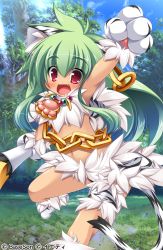 Rule 34 | 1girl, animal ears, animal hands, arm up, armpits, blush, cat ears, chain, earrings, fang, forest, gloves, green hair, highres, jewelry, koihime musou, kuwada yuuki, long hair, midriff, moukaku, nature, navel, paw gloves, paw shoes, polearm, red eyes, shoes, smile, solo, tail, weapon