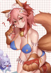 Rule 34 | 1girl, ?, animal ear fluff, animal ears, animal hands, apron, bell, bikini, black-framed eyewear, blue bikini, blush stickers, breasts, cat hair ornament, cat paws, checkered background, cleavage, closed mouth, collar, collarbone, commentary request, cosplay, covered erect nipples, creature, dydydyok, fangs, fate/grand order, fate (series), fou (fate), fox ears, fox tail, gloves, hair ornament, hair ribbon, highres, jingle bell, large breasts, long hair, looking at viewer, maid headdress, neck bell, paw gloves, paw shoes, pink hair, ponytail, purple eyes, red ribbon, revision, ribbon, shoes, side-tie bikini bottom, simple background, swimsuit, tail, tamamo (fate), tamamo cat (fate), tamamo no mae (swimsuit lancer) (fate), tamamo no mae (swimsuit lancer) (fate) (cosplay), yellow eyes