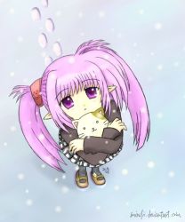 Rule 34 | 00s, 1girl, :3, animal, black legwear, cat, footprints, from above, holding, hug, looking up, md5 mismatch, mirufii, plaid, plaid skirt, pointy ears, primula, purple eyes, purple hair, shuffle!, skirt, snow, snowing, solo, twintails, watermark