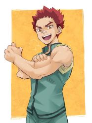 Rule 34 | &gt;:d, 10s, 1boy, :d, bandaid, bandaid on face, bandaid on nose, biceps, clenched hand, cowboy shot, flexing, hairo kineshi, looking at viewer, male focus, multicolored hair, muscular, open mouth, orange background, orange eyes, red hair, saiki kusuo no psi nan, school uniform, sleeves rolled up, smile, solo, spiked hair, sweat, thick eyebrows, torakichi (ebitendon), twitter username, two-tone hair, v-shaped eyebrows, yellow background