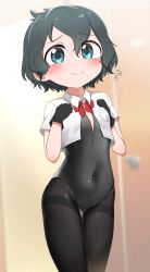 Rule 34 | 1girl, absurdres, black hair, black leotard, black pantyhose, blue eyes, blurry, blurry background, blush, bow, bowtie, chis (js60216), closed mouth, commentary request, covered navel, cowboy shot, cropped shirt, depth of field, flying sweatdrops, frown, hands on own chest, highres, indoors, kaban (kemono friends), kemono friends, leotard, locker, locker room, looking at viewer, pantyhose, partial commentary, red bow, red bowtie, shirt, short hair, solo, standing, thigh gap, thighband pantyhose, thighs, wavy hair, white shirt, wing collar