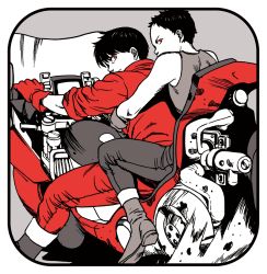 Rule 34 | 2boys, akira (manga), kaneda shoutarou&#039;s bike, kaneda shoutarou (akira), motor vehicle, motorcycle, multiple boys, red eyes, riding motorcycle, shima tetsuo, tagme