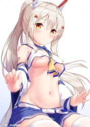 Rule 34 | 1girl, ascot, ayanami (azur lane), azur lane, bandaid, bandaid on arm, belt, blue sailor collar, blue skirt, blush, breasts, closed mouth, commentary request, crop top, detached sleeves, eyes visible through hair, floating hair, hair between eyes, hair ornament, hairclip, headgear, highres, long hair, long sleeves, looking at viewer, medium breasts, navel, pleated skirt, ponytail, red eyes, retrofit (azur lane), ribbon-trimmed sleeves, ribbon trim, sailor collar, school uniform, serafuku, sidelocks, silver hair, simple background, sironora, sitting, skirt, smile, solo, stomach, thighhighs, twitter username, underboob, white background, white thighhighs, wide sleeves, yellow ascot, zettai ryouiki