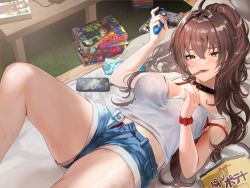 Rule 34 | 1girl, absurdres, bare shoulders, blush, bra, bra visible through clothes, breasts, brown eyes, brown hair, cable, cellphone, choker, cleavage, controller, crossed bangs, denim, denim shorts, food, game controller, hair between eyes, high ponytail, highres, hominamia, in mouth, large breasts, long hair, looking at viewer, lying, midriff, nail polish, non-web source, on back, open fly, original, panties, panty peek, phone, pink nails, red bra, red panties, short shorts, shorts, smartphone, strap slip, sweat, table, tank top, thighs, underwear, watch, white tank top