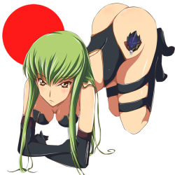 Rule 34 | 00s, 1girl, all fours, ass, bad id, bad pixiv id, breasts, c.c., code geass, elbow gloves, female focus, full body, gloves, green hair, japan, sahare, simple background, solo, tattoo, zero (code geass)