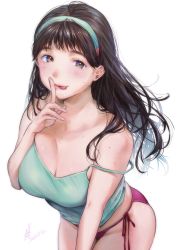 Rule 34 | 1girl, aqua camisole, aqua hairband, bad id, bad pixiv id, bare shoulders, bikini, black hair, breasts, brown eyes, camisole, cleavage, closed mouth, commentary request, finger to mouth, floating hair, hairband, kamiyama aya, large breasts, leaning forward, long hair, looking at viewer, mole, mole under eye, no pants, original, panties, pink panties, side-tie panties, simple background, solo, strap slip, swimsuit, tongue, tongue out, underwear, white bikini