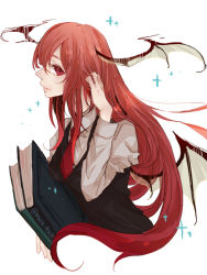 Rule 34 | 1girl, artist name, bat wings, black vest, book, breasts, cropped torso, emuru (mushroom379), eyebrows hidden by hair, hair between eyes, hand in own hair, hand up, head wings, holding, holding book, juliet sleeves, koakuma, light smile, long hair, long sleeves, looking at viewer, necktie, one-hour drawing challenge, parted lips, profile, puffy sleeves, red eyes, red hair, red necktie, shirt, sideways glance, simple background, small breasts, solo, teeth, touhou, upper body, very long hair, vest, white background, white shirt, wing collar, wings