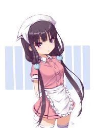 Rule 34 | 1girl, :o, apron, arms behind back, bad id, bad pixiv id, blend s, blunt bangs, blush, breasts, buttons, cowboy shot, frilled apron, frills, hair bobbles, hair ornament, head scarf, long hair, looking at viewer, low twintails, medium breasts, open mouth, pink shirt, pink skirt, pleated skirt, purple eyes, purple hair, sakuranomiya maika, shirt, short sleeves, signature, skirt, solo, sony kisaragi, standing, thighhighs, tsurime, twintails, two-tone background, very long hair, white apron, white thighhighs, zettai ryouiki